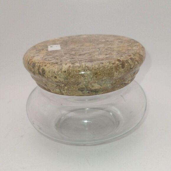 Fossil Stone Marble Top Clear Glass Jar from Pakistan - Picture 1 of 5